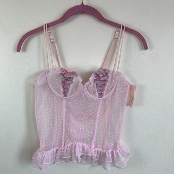 Y2K Rainbow Bustier Corset Tank Top M Pink Mesh Lace Ruffle Boned Kawaii Cute - Picture 1 of 10
